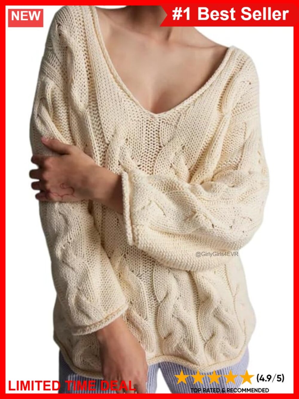 Oversized Cable Knit V Neck Chunky Sweater Casual Pullover Top